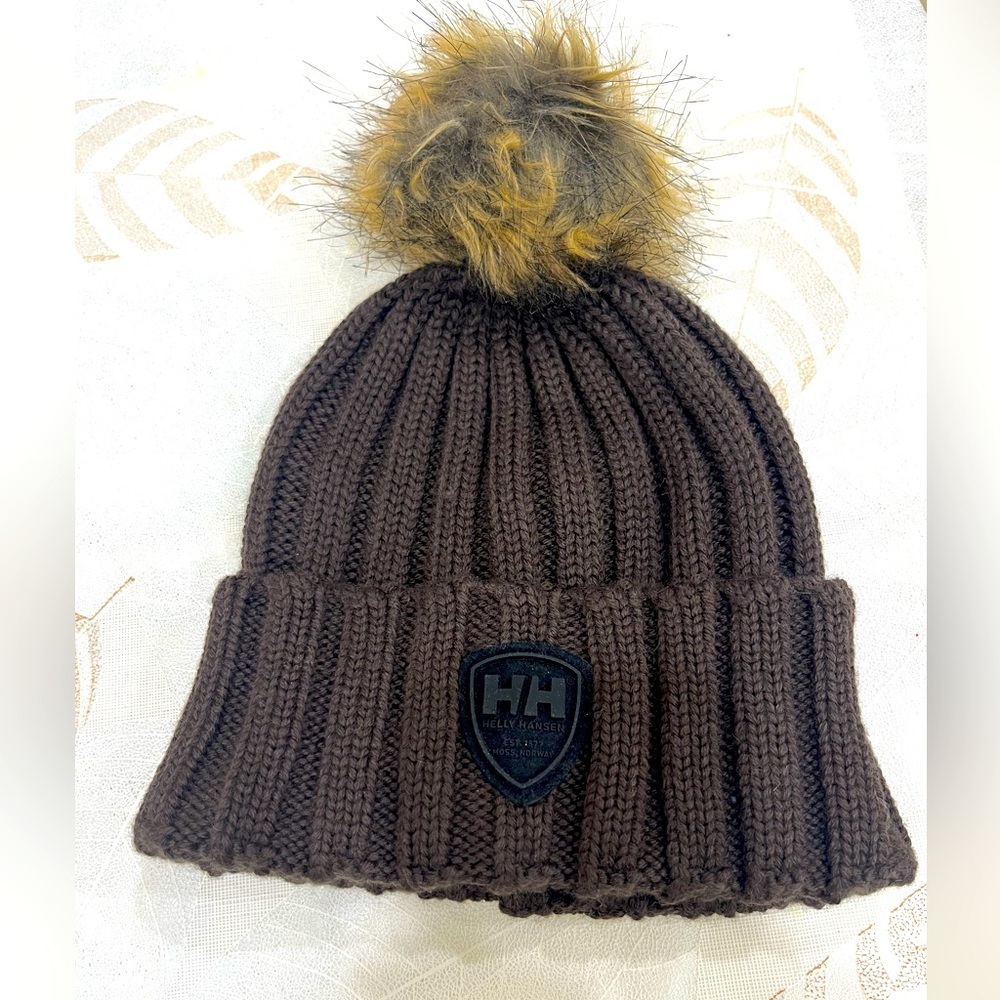 Brown Knit Beanie with Pom Pom